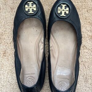 Tory Burch Black Leather Flats with Gold Logo